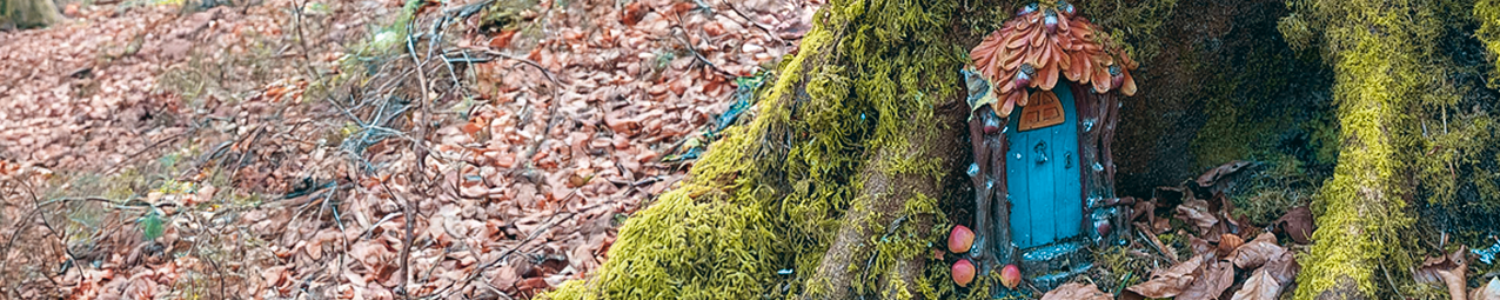 Baumwurzel mit Moos und Eingang in eine kleine Hütte, Foto: Marlies Ludwig